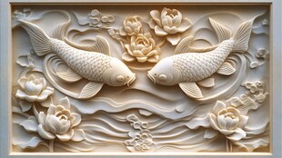 双鱼戏荷木雕艺术作品