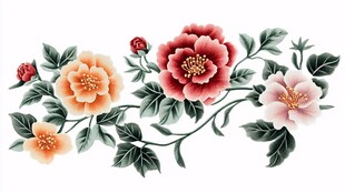 中式手绘牡丹花卉图案