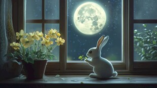月夜窗前的小兔与水仙