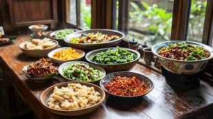 丰盛多样的中式菜肴摆桌