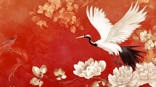 丹顶鹤于繁花间展翅