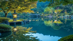 日式静谧园林湖景风光