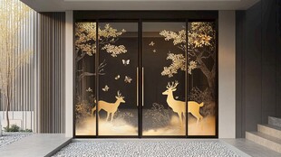 中式金鹿蝴蝶艺术玻璃门