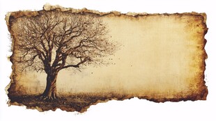 老树枯荣于复古纸张之上