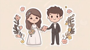 卡通风格新婚夫妇甜蜜牵手