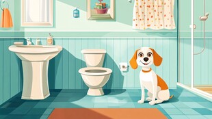 小狗在清新浴室乖巧端坐