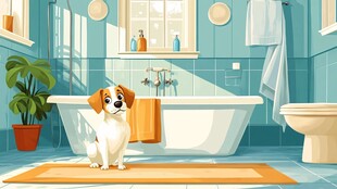 小狗在清新浴室乖巧坐着