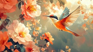 蜂鸟飞舞于绚烂花丛中