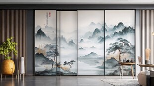 中式山水风客厅移门装饰