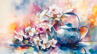 水彩绘繁花茶壶雅致景