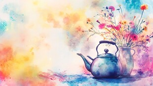 水彩绘茶壶花瓶与花卉