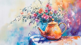 水彩画中的茶壶与花卉
