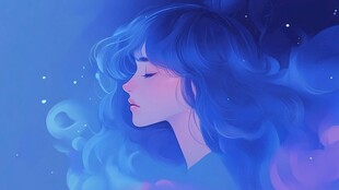 梦幻蓝发少女的静谧瞬间