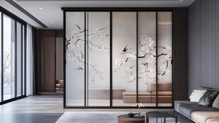 中式花鸟玻璃隔断客厅设计