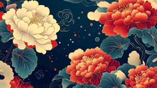 中式牡丹花卉复古风插画