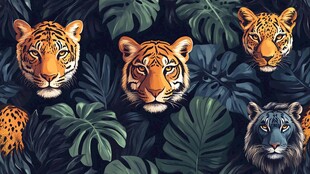 四只虎于绿植间的奇幻画面