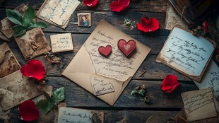 复古情书与浪漫红心装饰