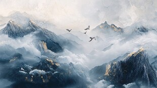 云雾山峦间飞鸟翱翔