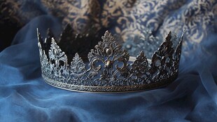华丽银皇冠置于蓝色织物上