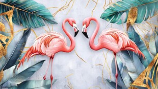 双火烈鸟与热带叶装饰画