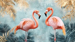 双火烈鸟置身绿植间图景