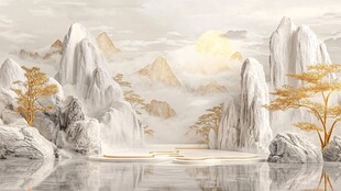 水墨金色山水意境图