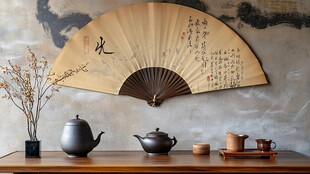 中式古风茶具与折扇雅景