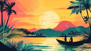 热带湖畔夕阳下的静谧时光