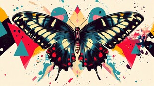 彩色蝴蝶于几何背景中飞舞