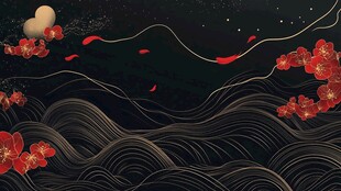 月夜红梅海浪中式意境图