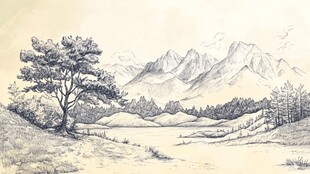 山间孤树素描风景图