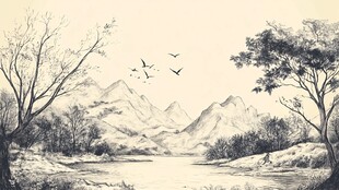 山水林间飞鸟景致图