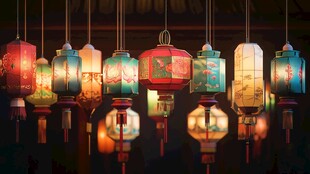 中式古风多彩灯笼悬挂