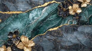 墨绿大理石上的金黑花卉