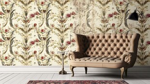 复古花卉墙前的经典沙发