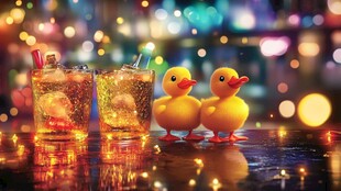 灯光下的小鸭与鸡尾酒