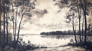 湖畔树林黑白静谧风景