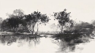 水墨湖畔树影
