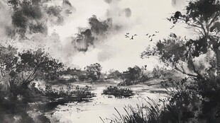 水墨田园风光 飞鸟伴景