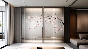 中式客厅玻璃门梅花装饰
