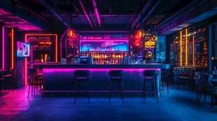 霓虹闪耀的炫酷酒吧空间