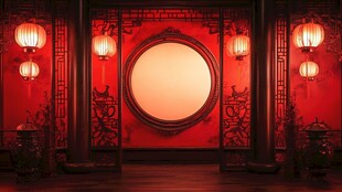 中式红墙圆窗灯笼室内景