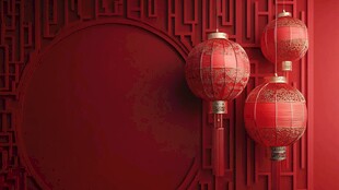 中式红墙下的精美红灯笼