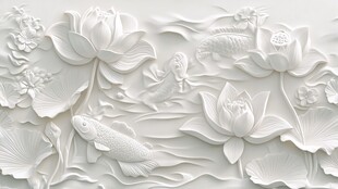 白色荷花鲤鱼浮雕艺术