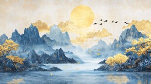 金秋山水间飞鸟伴日图