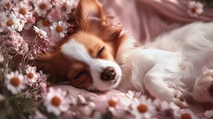 睡在花丛中的可爱小狗狗