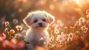 阳光下花丛中的可爱小狗