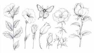 花卉蝴蝶手绘线稿素材