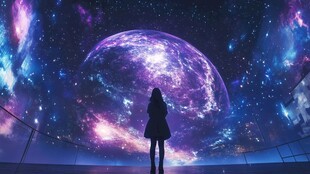 女孩凝望梦幻宇宙星空