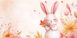 可爱小兔抱花春日插画